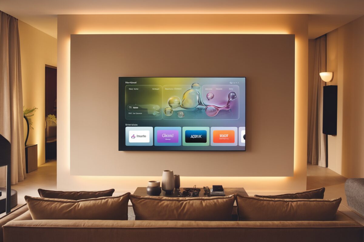 Apple TV avec Interface Liquid Glass Apple TV affichant l'interface Liquid Glass dans un salon moderne