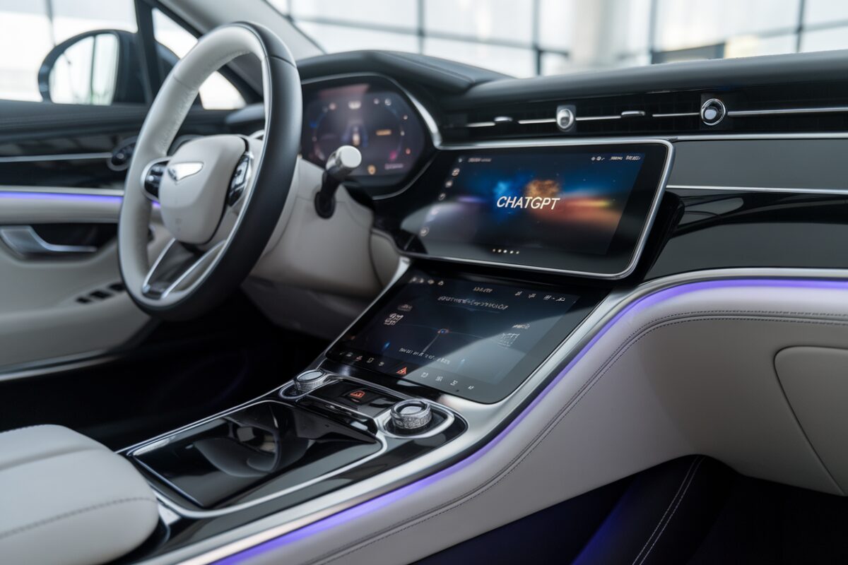 CarPlay et ChatGPT en action Interface CarPlay avec ChatGPT sur tableau de bord de voiture