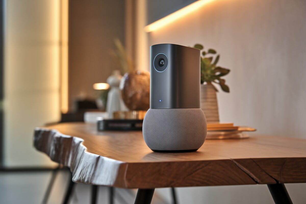 Haut-parleur intelligent avec caméra intégrée Haut-parleur intelligent avec une caméra sur une table moderne