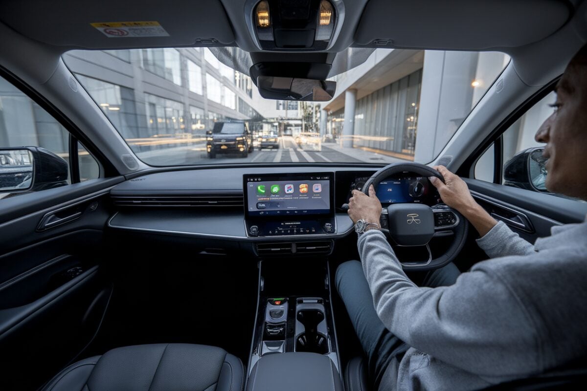CarPlay iOS 26 sur écran de bord Écran CarPlay iOS 26 avec widgets dans une voiture moderne