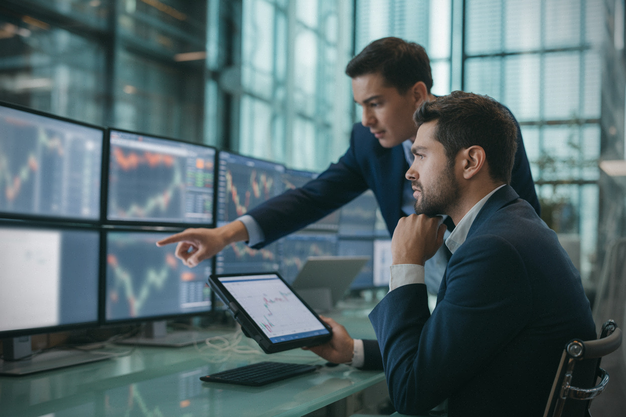 Salle de marché, traders suivent la baisse du Nasdaq liée à l’IA
