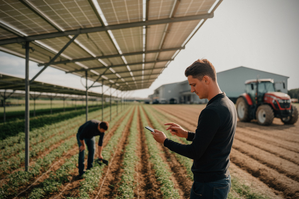 Installation agrivoltaïque avec agriculteur et technicien sous panneaux solaires