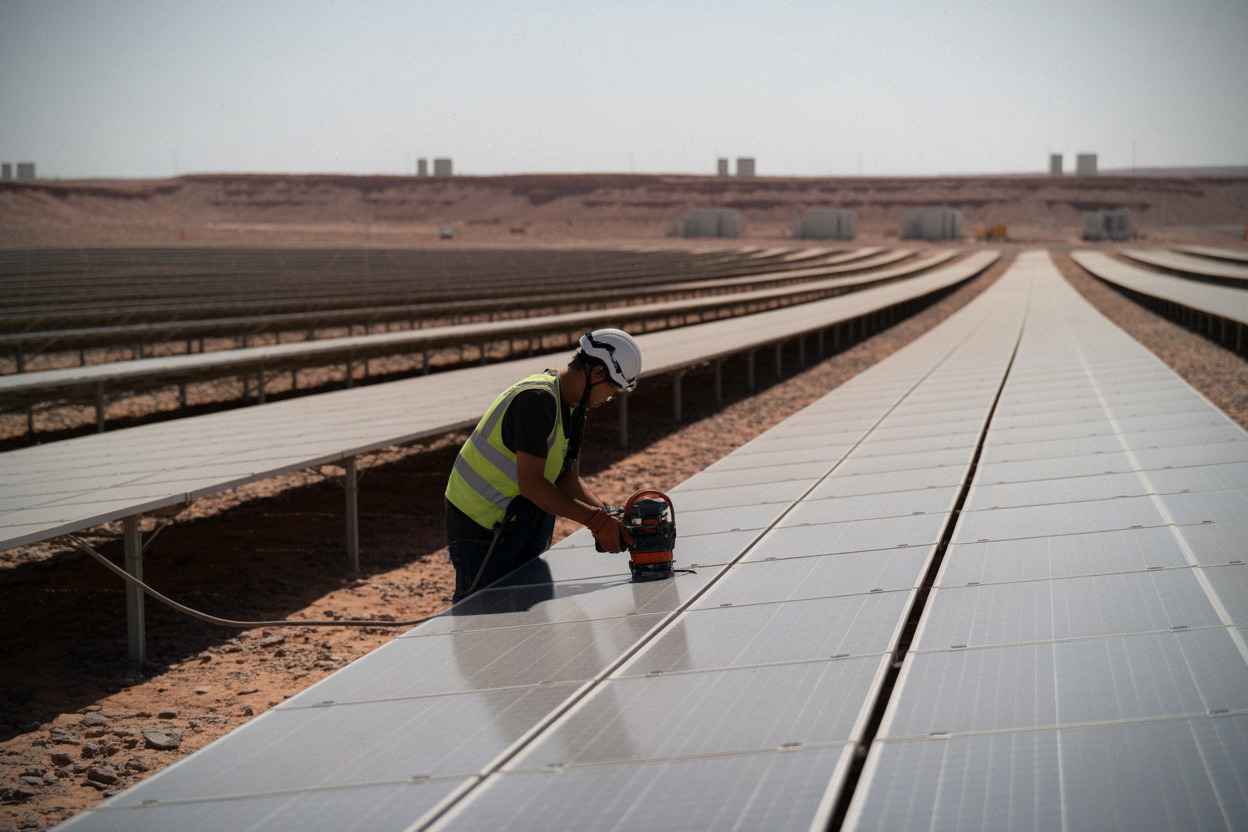 Technicien inspectant des panneaux solaires près de Ouarzazate, désert marocain