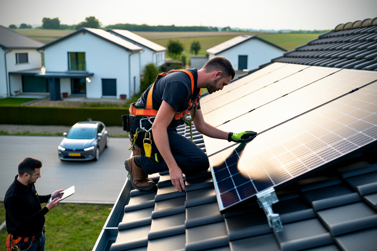 Technicien inspectant une toiture avant pose de panneaux photovoltaïques en Mayenne