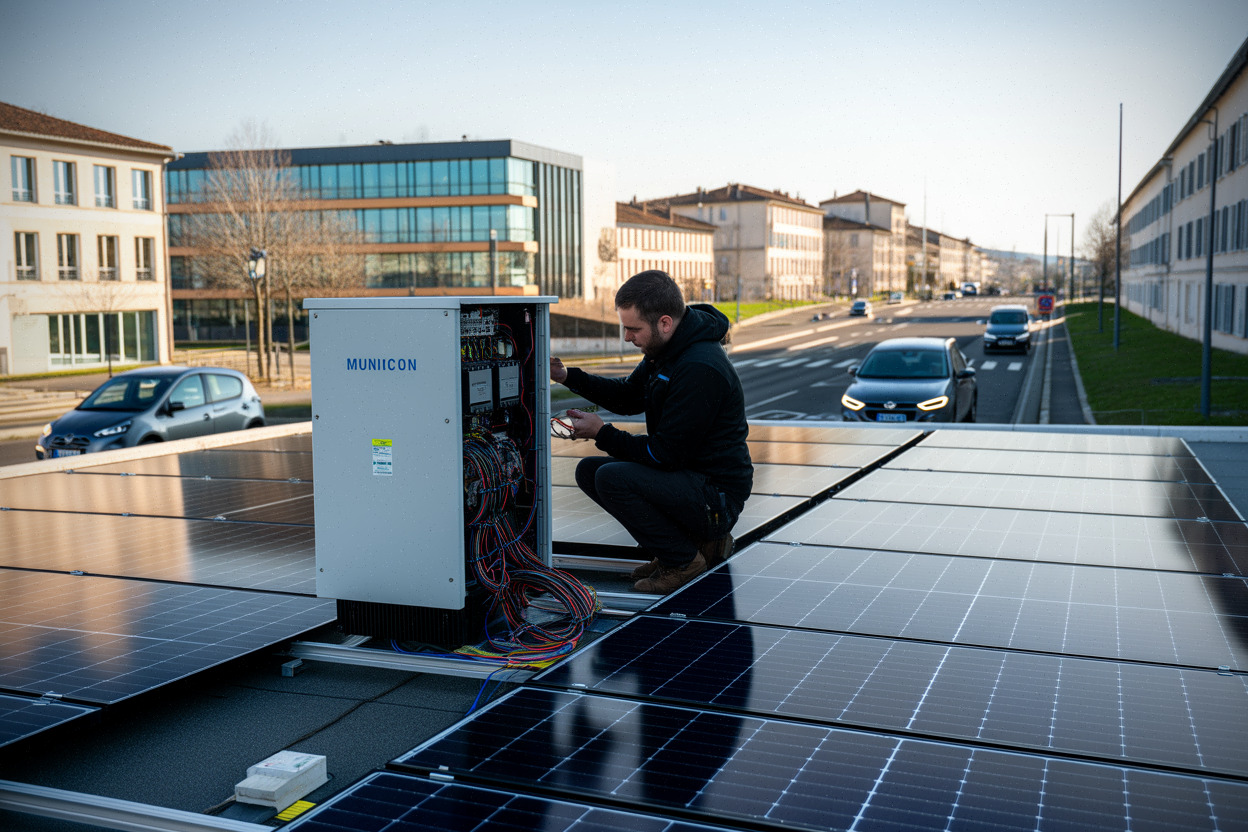 Technicien sur toiture solaire municipale à Mâcon, autoconsommation collective locale