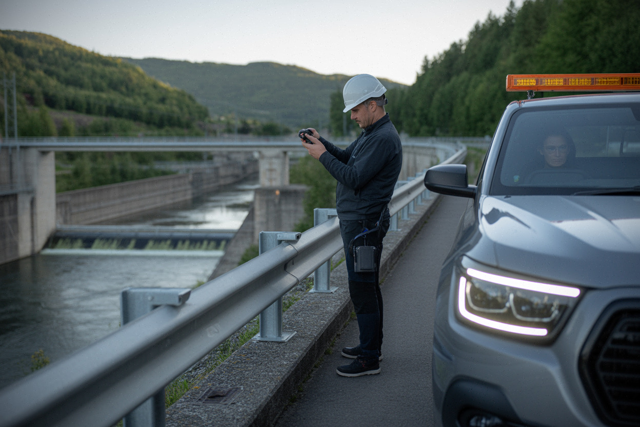 Hydroélectricité en Auvergne-Rhône-Alpes, technicien en inspection sur site.