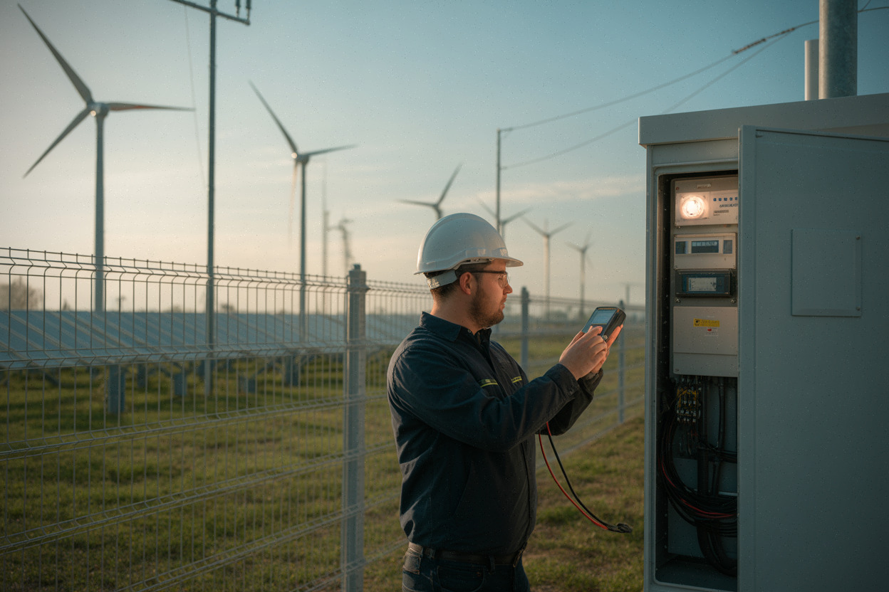 Technicien contrôlant un site hybride éolien-solaire de 122 MW en Espagne