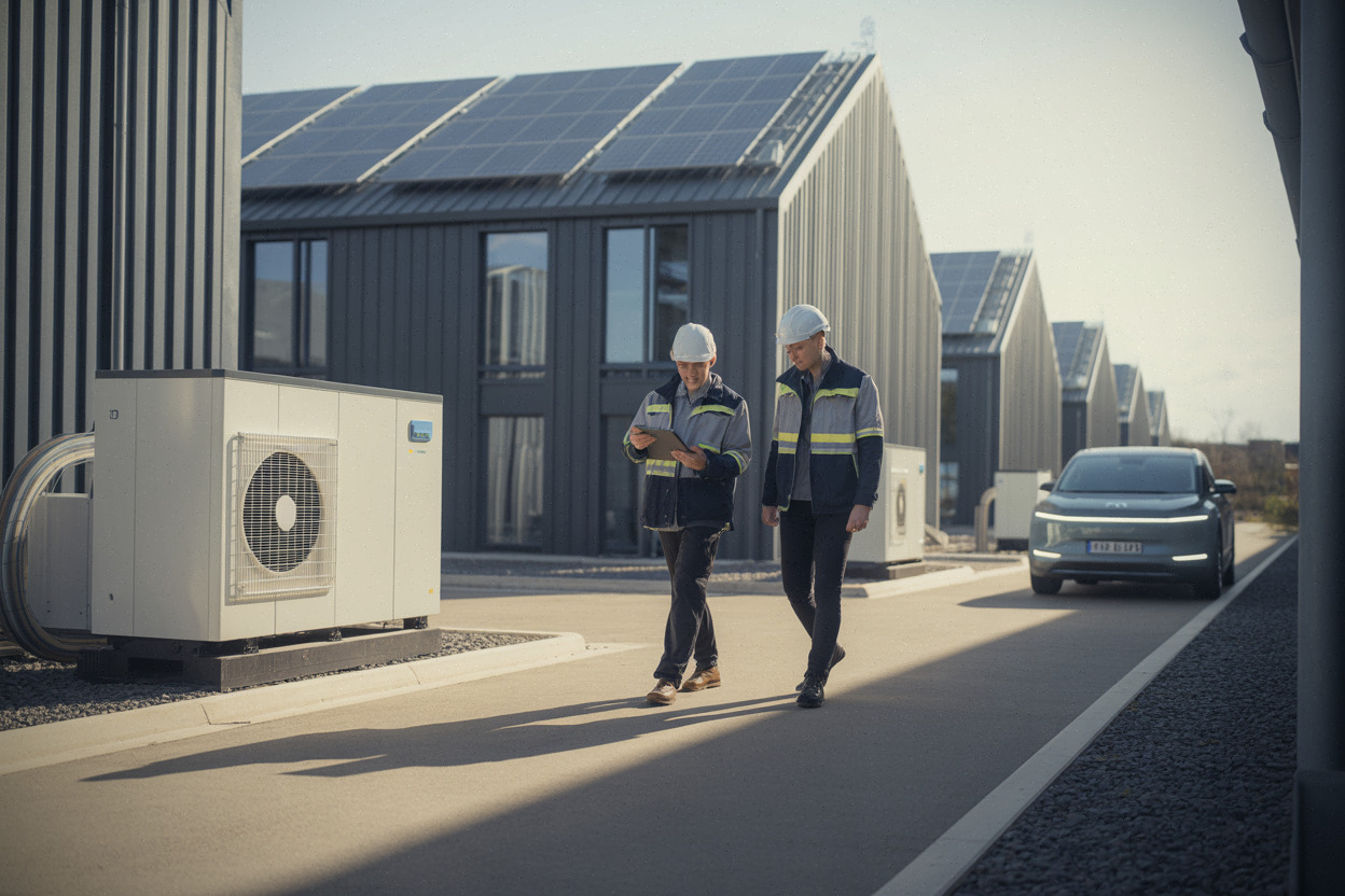 Panneaux solaires et équipements bas carbone sur site industriel en 2026