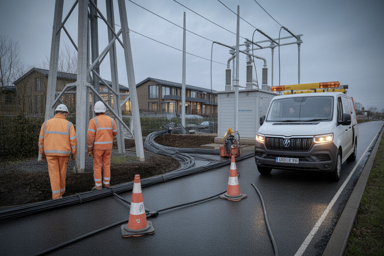 Travaux de raccordement au réseau électrique, chantier près d’un poste.