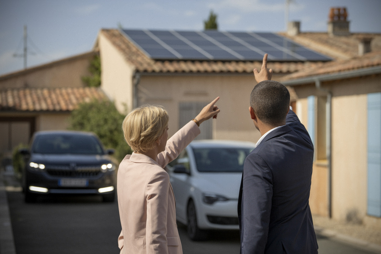 Habitants de Reynès observant des panneaux solaires sur une toiture