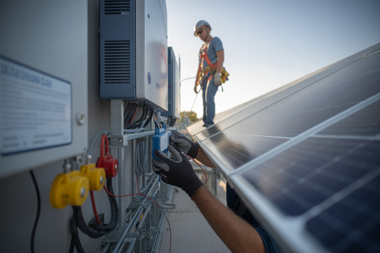 Technicien raccordant onduleur et panneaux solaires sur site industriel sarthois
