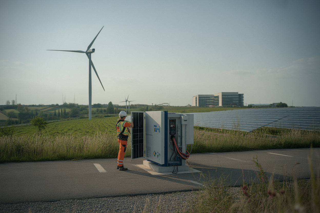Éoliennes et panneaux solaires illustrant 33,2% d’électricité renouvelable en France