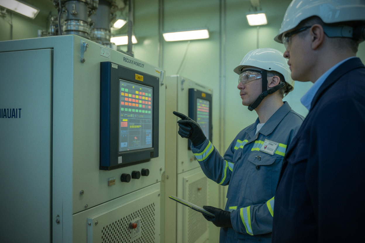 Technicien et inspecteur devant un simulateur lié aux contrôles de non-prolifération