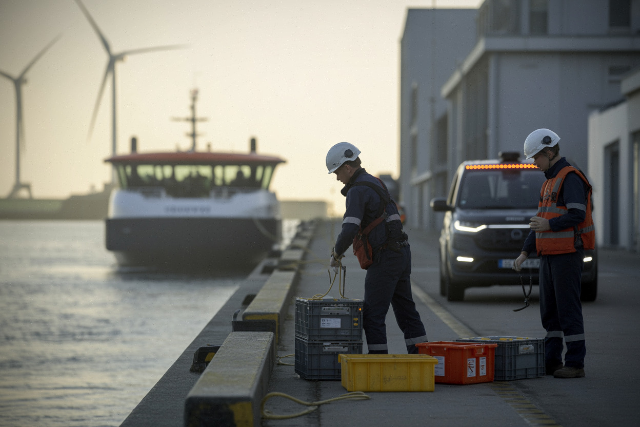 Base de maintenance d’éolien en mer sur un port français moderne
