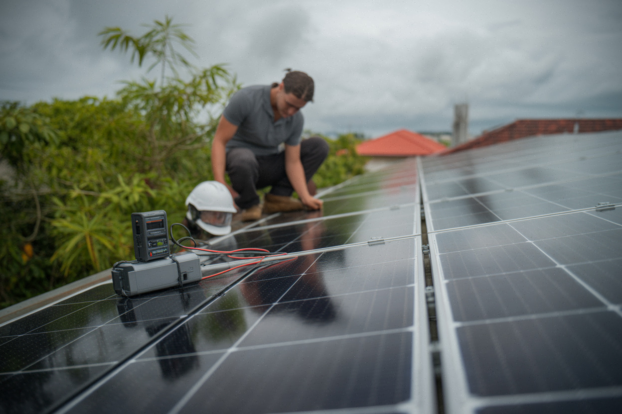Panneaux solaires sous ciel couvert avec installateur en maintenance au Vietnam