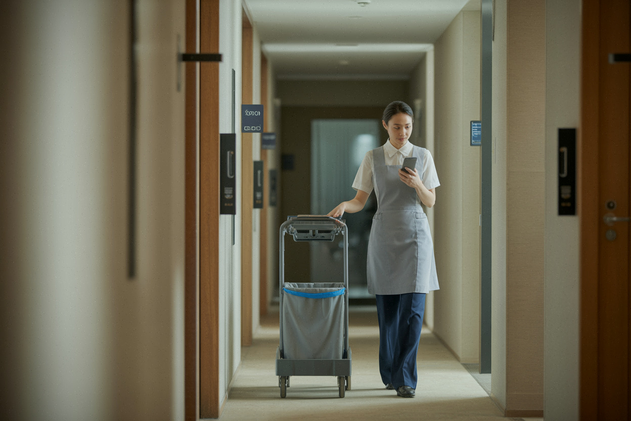 Femme de chambre au travail dans un hôtel moderne en 2026
