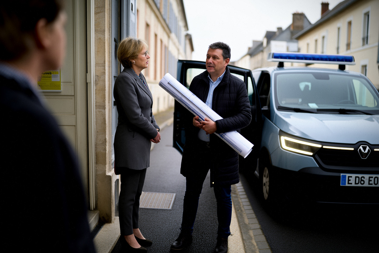 Échange devant une mairie mayennaise sur un projet de panneaux solaires