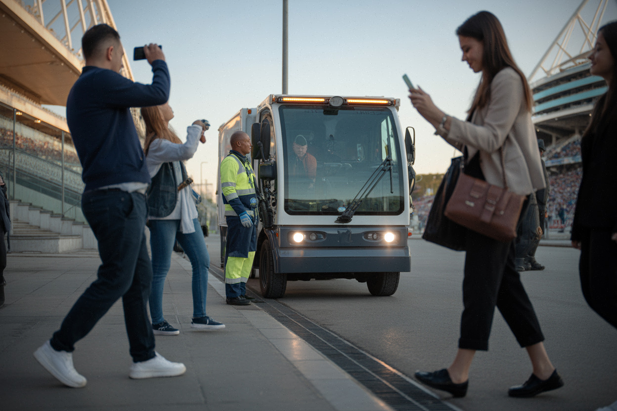 Éboueur près d’un stade, foule et camion moderne en arrière-plan