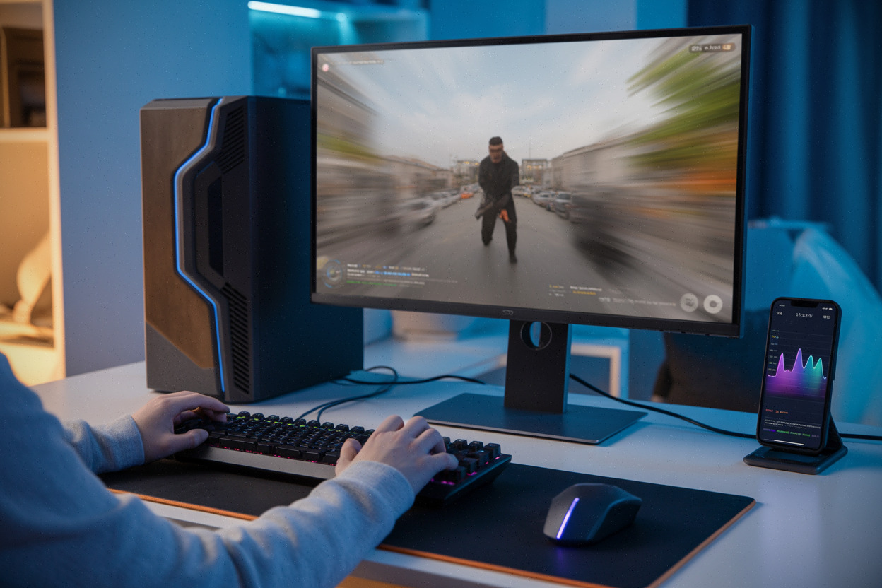 Joueur PC testant latence et qualité d’image