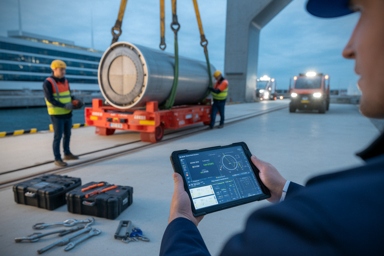Techniciens préparant un prototype de stockage d’énergie sur un quai méditerranéen