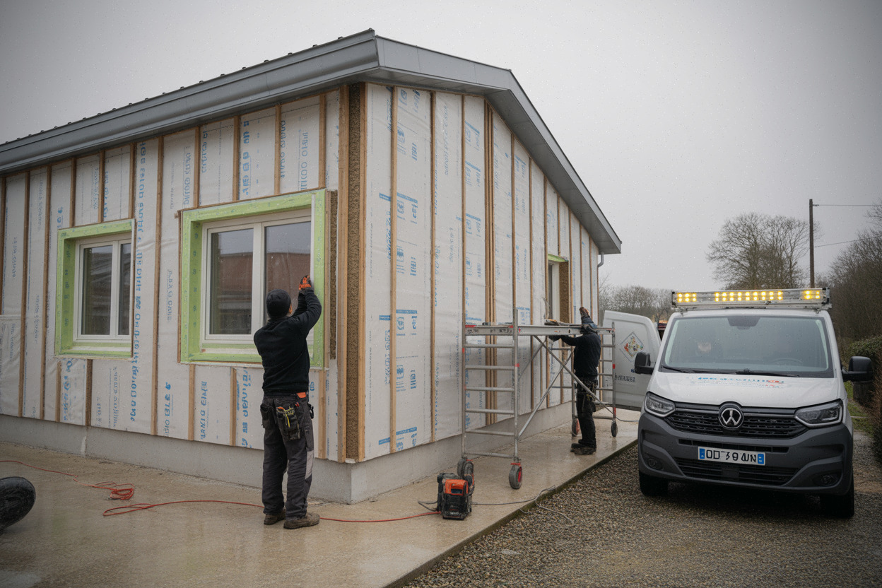 Chantier de rénovation énergétique avec isolation et fenêtres performantes en Normandie