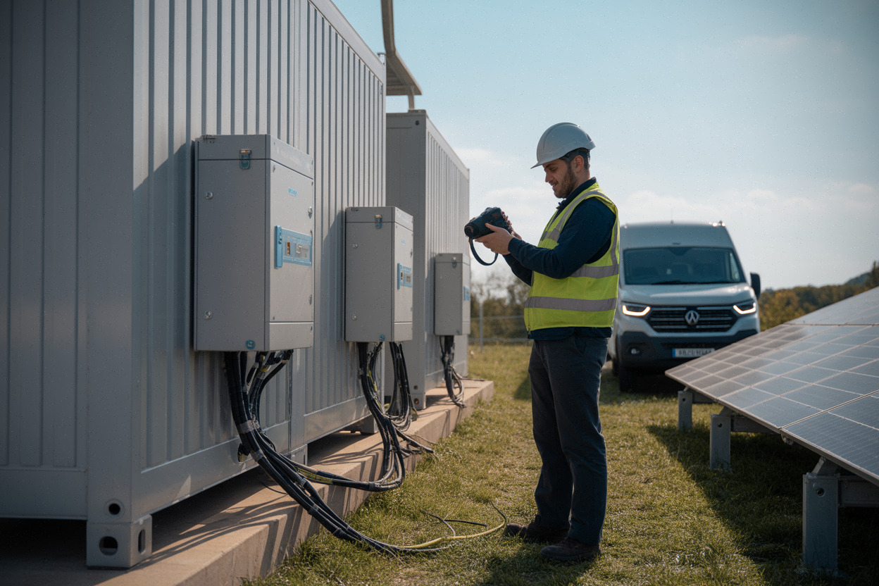 Batteries de stockage 60 MWh près de panneaux solaires au Portugal
