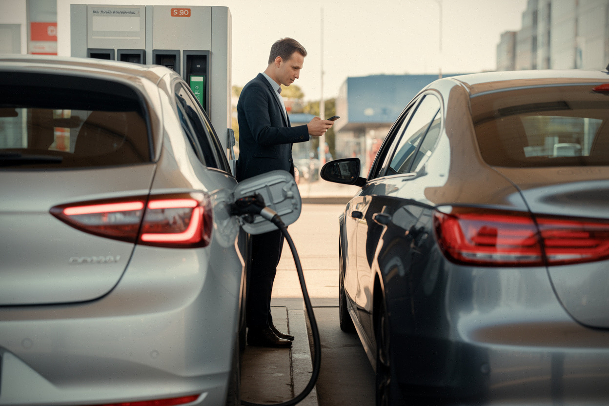 Automobiliste comparant gazole et essence après la baisse des prix