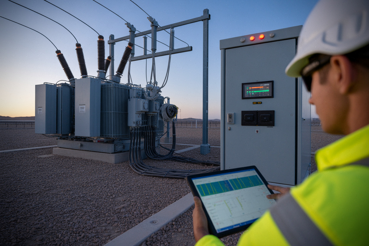 Poste électrique raccordant une centrale solaire au réseau dans le sud marocain