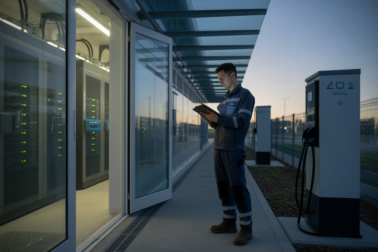 Technicien vérifiant la consommation énergétique d’un centre de données moderne