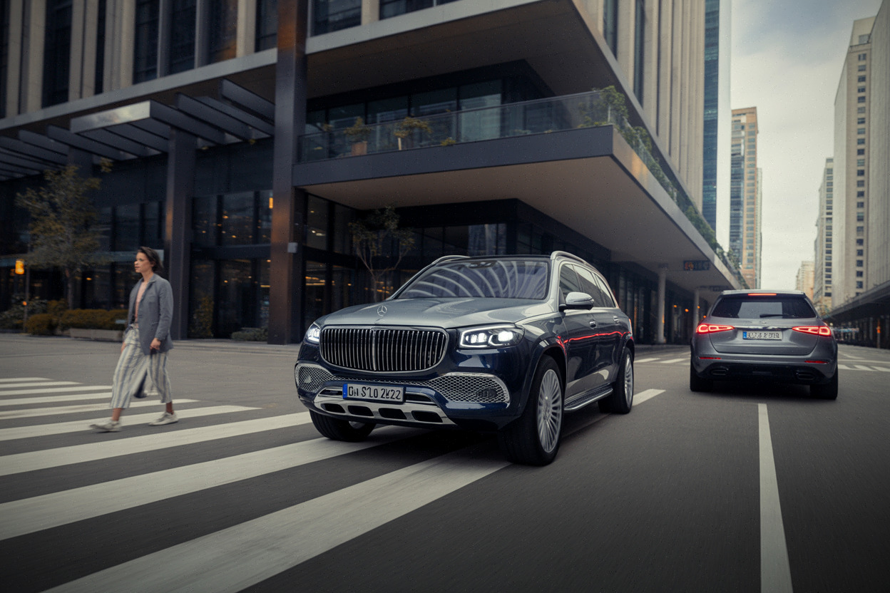 Mercedes-Maybach GLS 2026 en ville, face avant et signature lumineuse