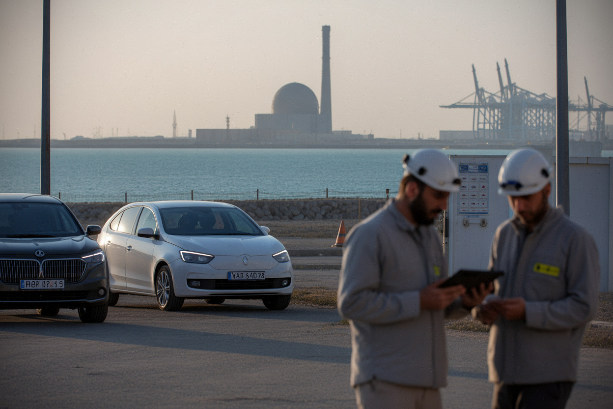 Vue côtière près de Bushehr, centrale au loin et contrôle de sécurité