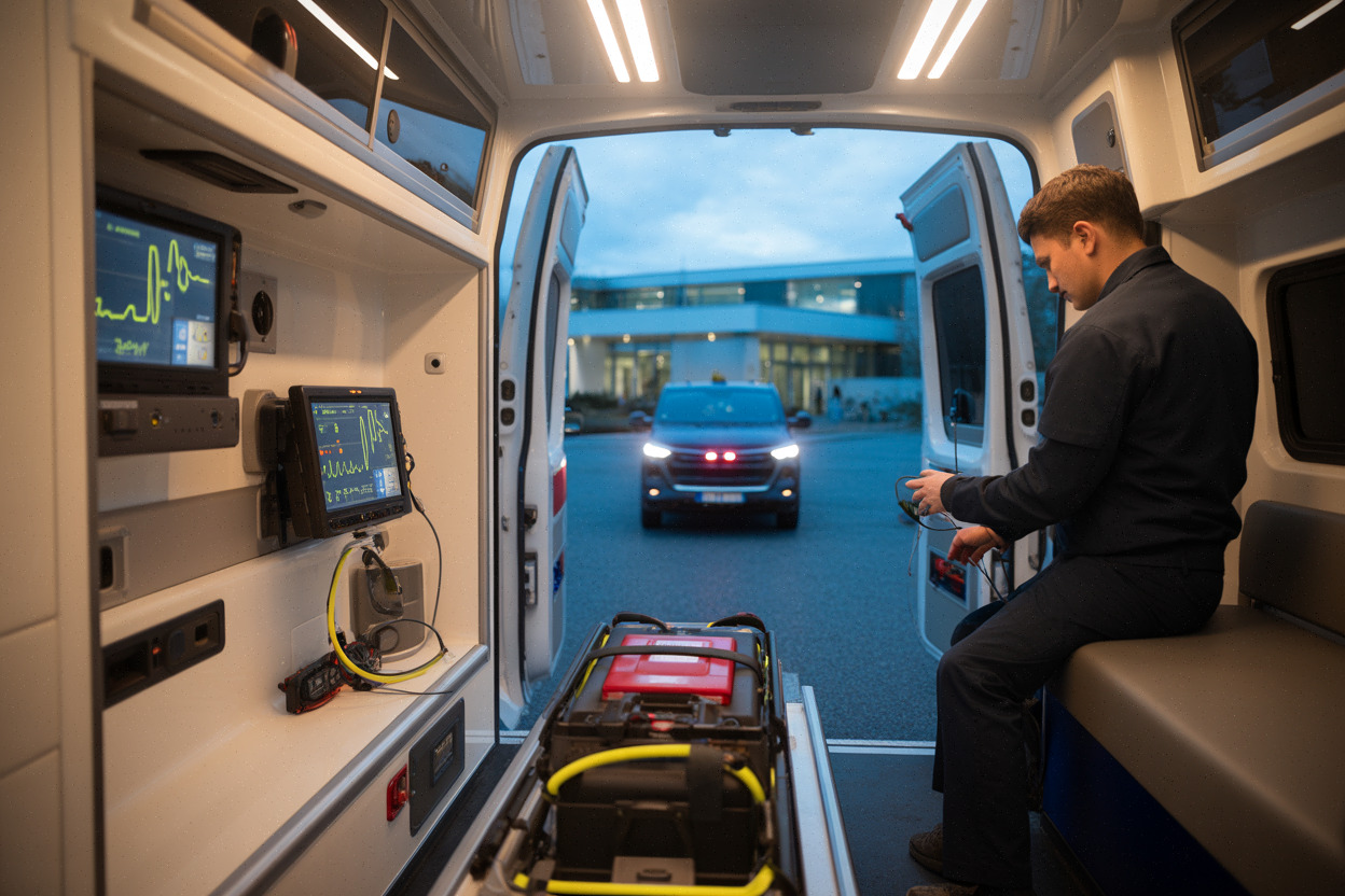 Intérieur d’ambulance électrique, équipements médicaux et gestion de l’alimentation