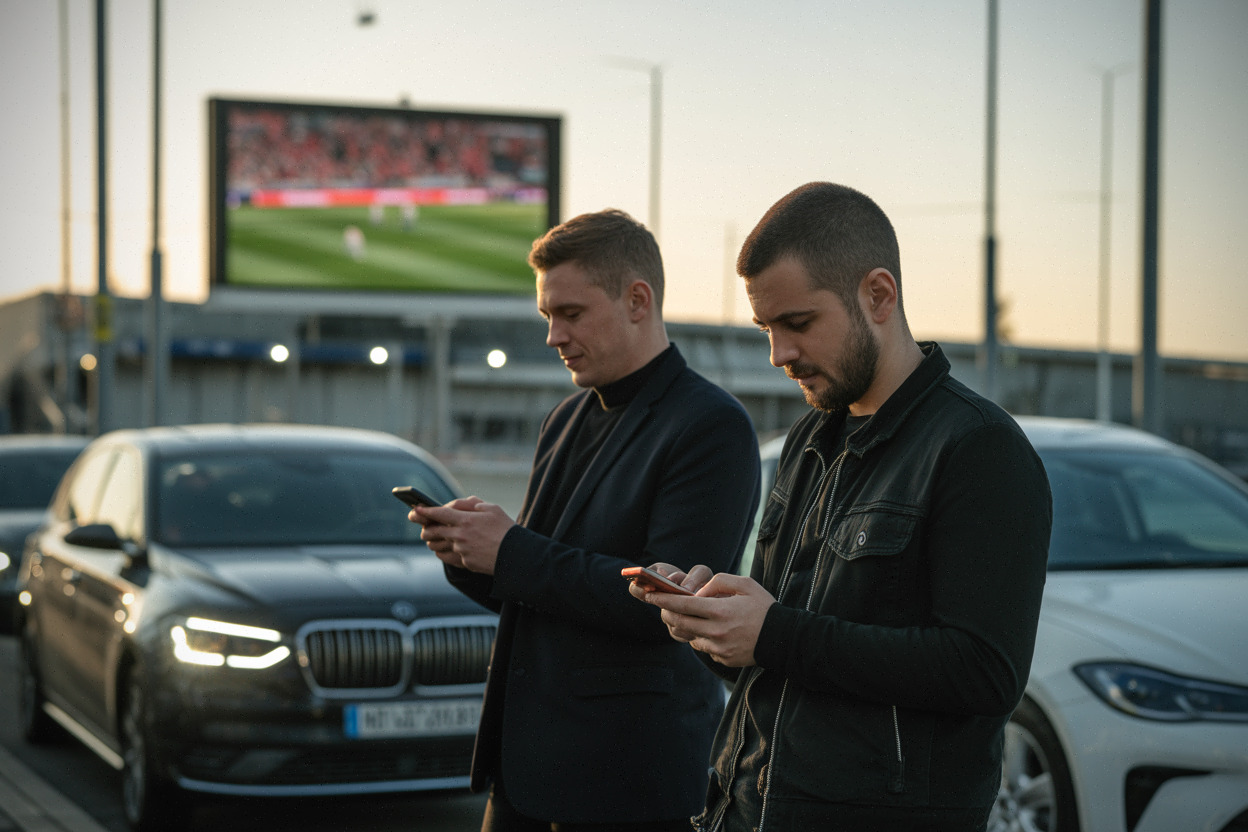 Supporters consultent des rumeurs sur téléphone près d’un stade