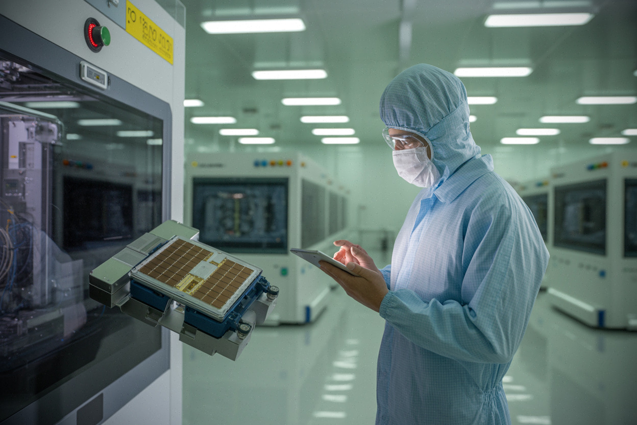Ingénieurs en salle blanche, contrôle d’équipements de gravure pour puces IA
