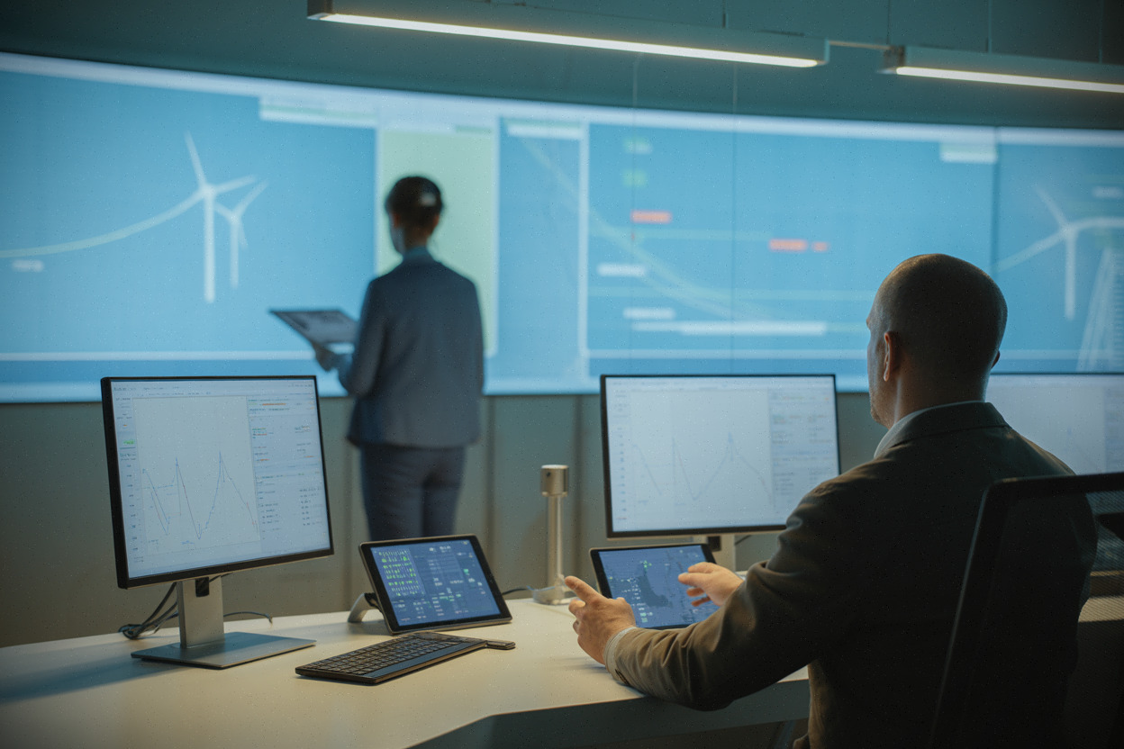 Salle de contrôle électrique suivant la production de l’éolien en mer