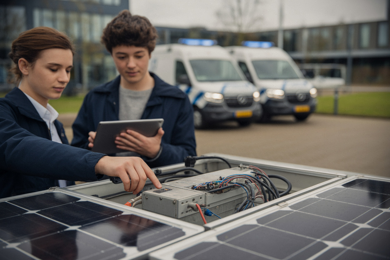 Étudiants néerlandais présentant une ambulance solaire sur un campus moderne