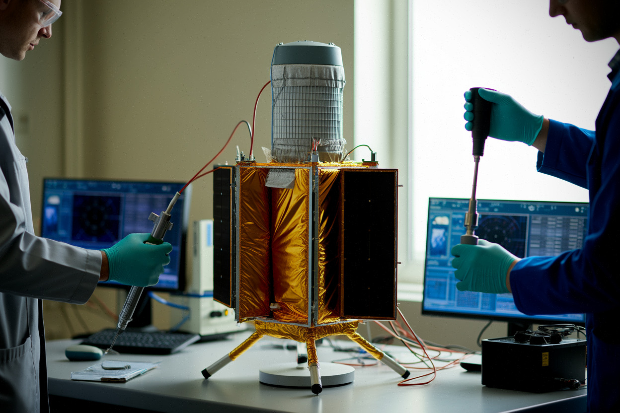 Maquette de satellite BOHR et module d’énergie en laboratoire spatial