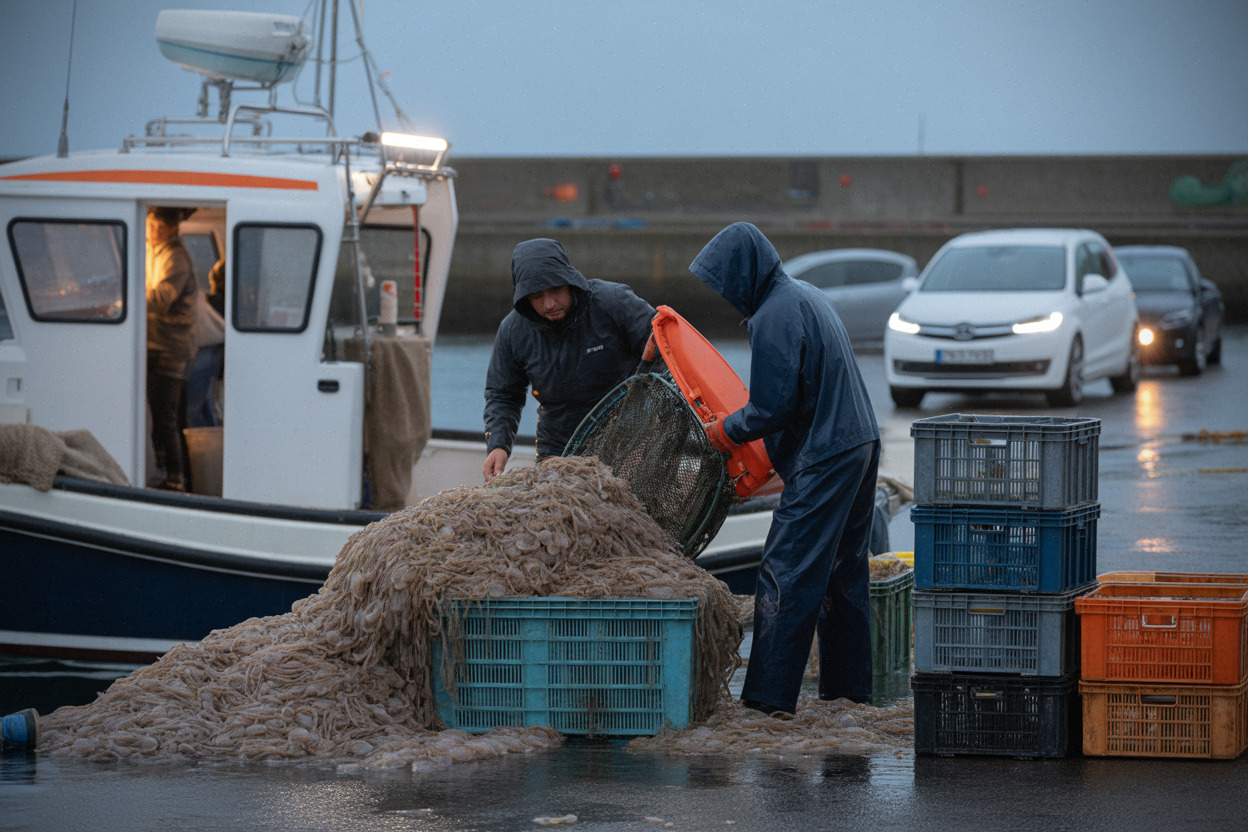 Pêcheurs retirant des méduses en masse près de Gravelines
