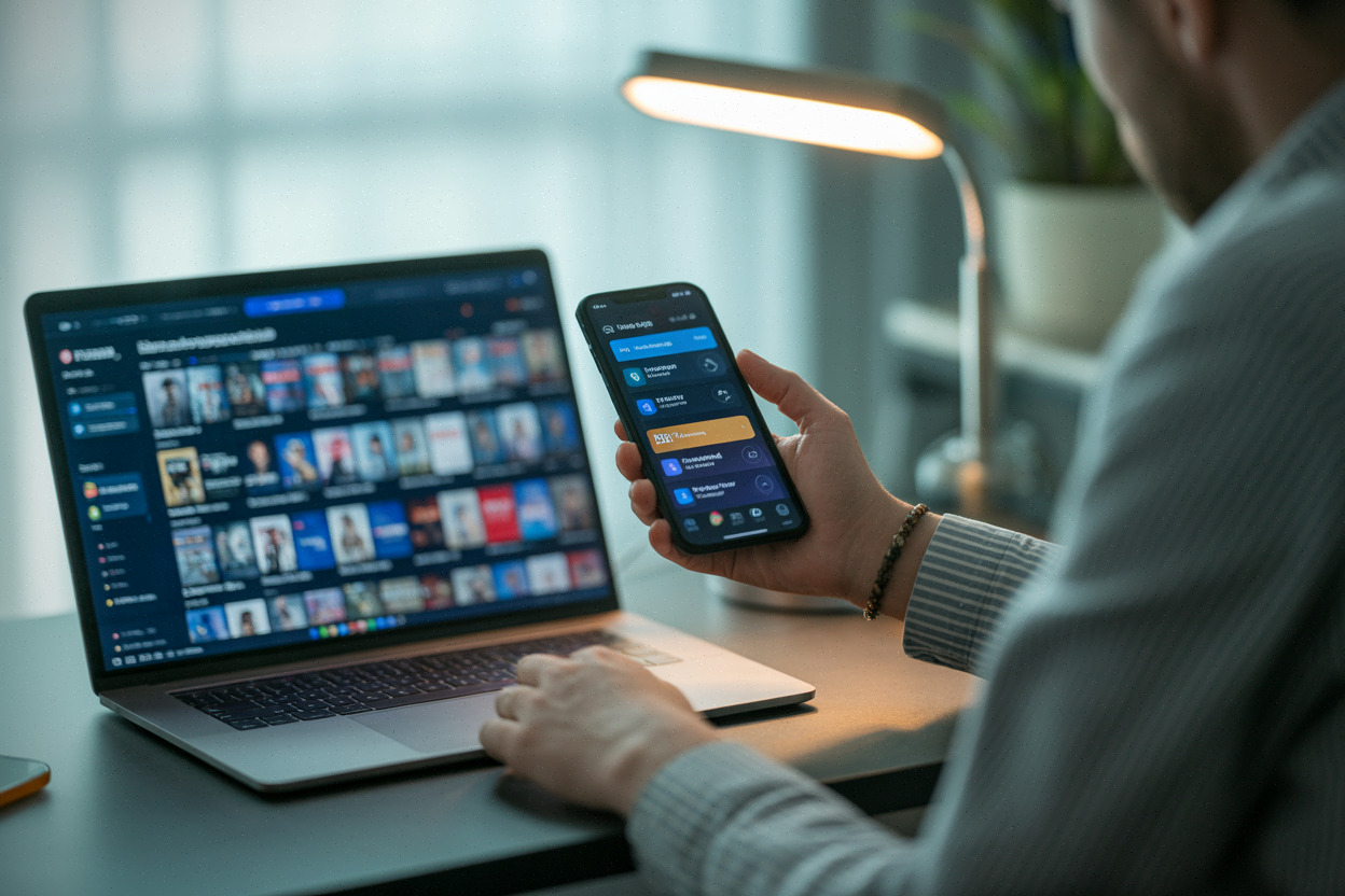 Journaliste consultant les nouveautés Netflix sur ordinateur portable, ambiance bureau moderne