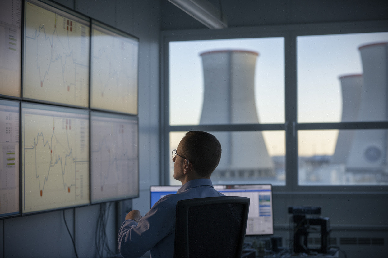 Technicien surveillant le réseau électrique espagnol lié à la centrale d’Almaraz
