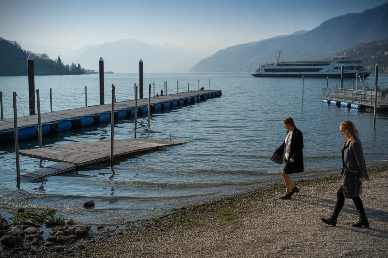 Berges découvertes et eau présente sur le lac de Côme