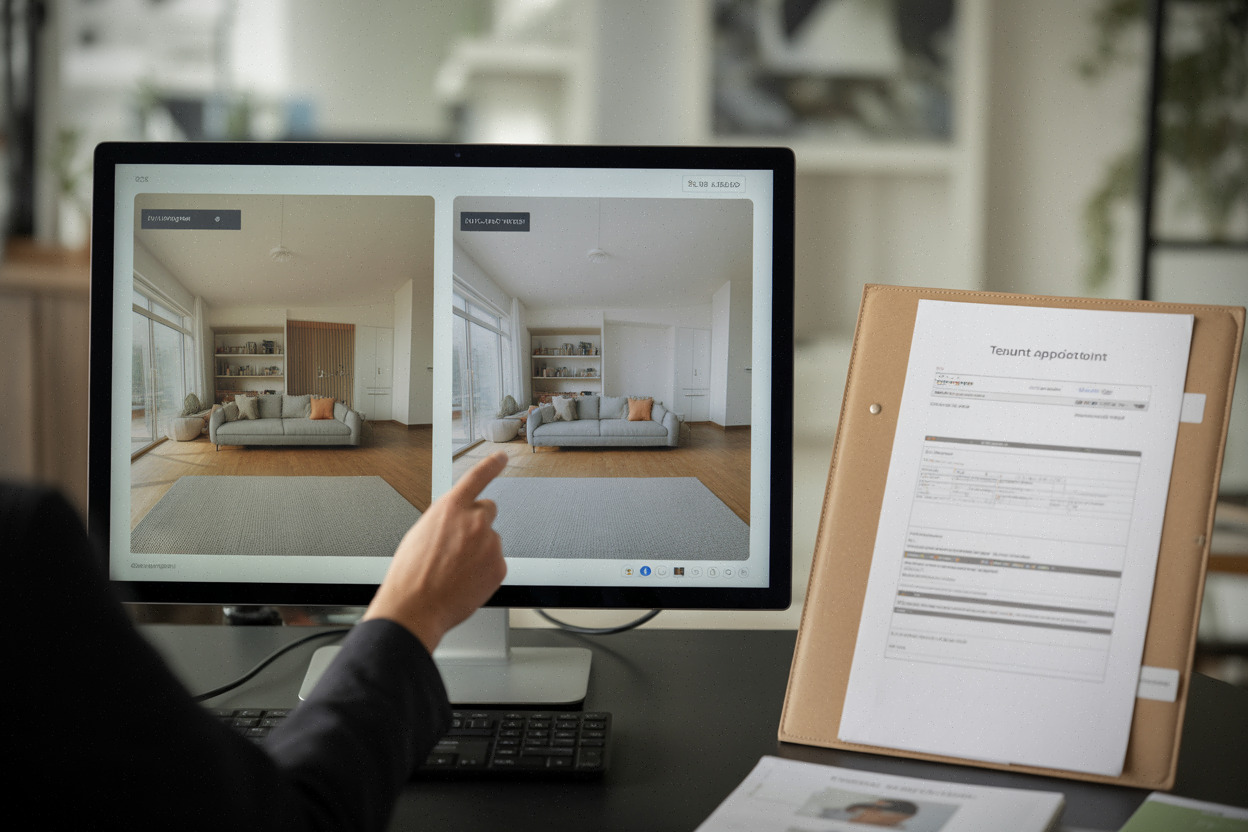Comparaison photo réelle et home staging IA, dossier locatif sur bureau
