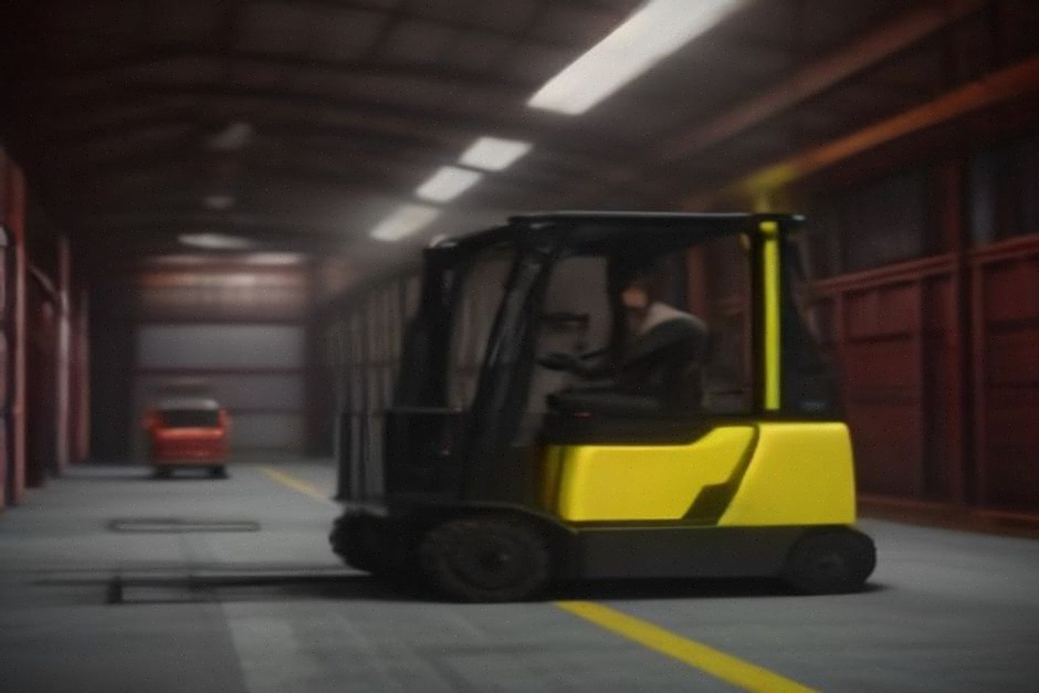Entrepôt logistique avec cariste, palettes et superviseur contrôlant un scanner