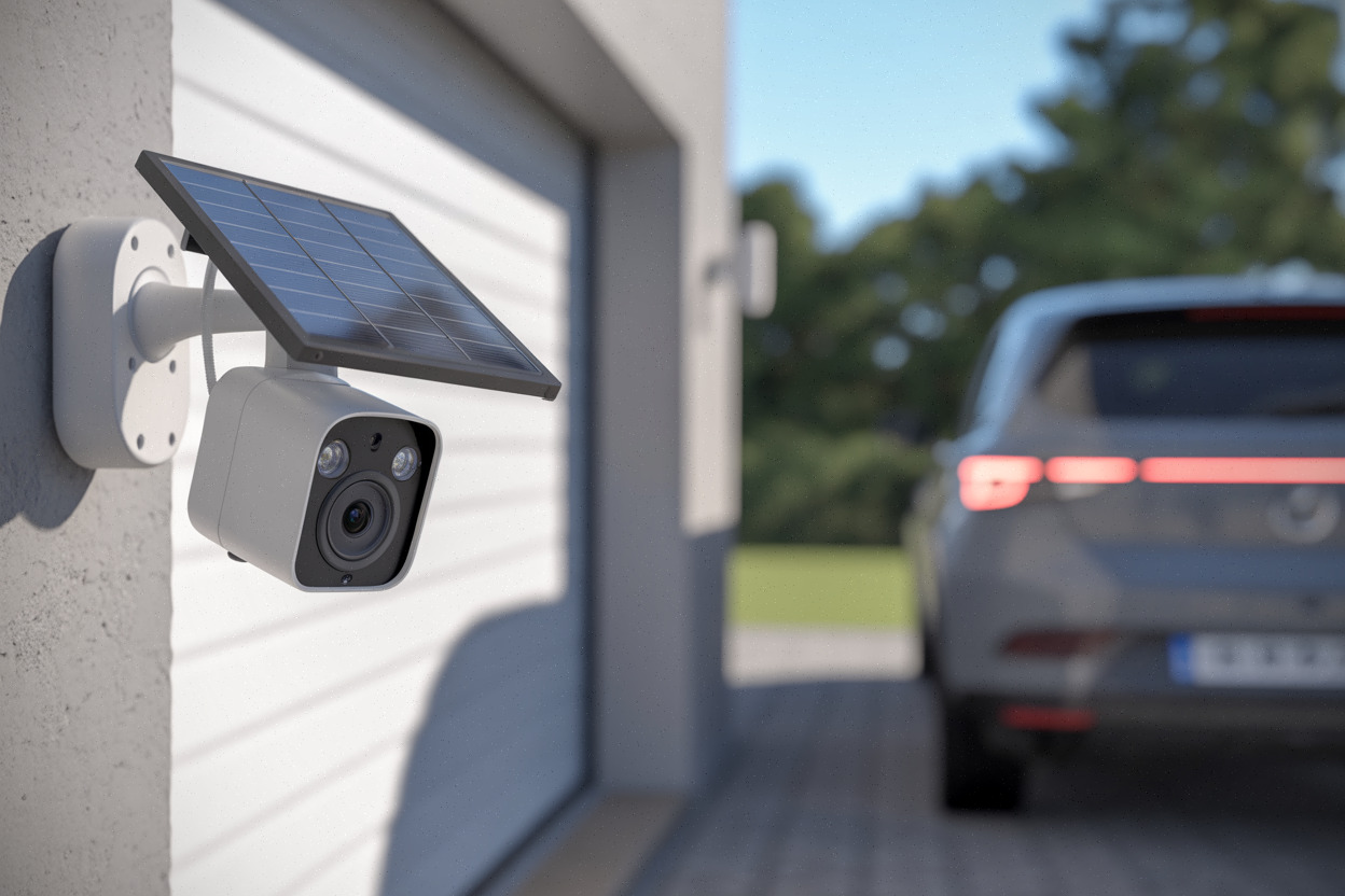 Caméra solaire extérieure abordable fixée près d’un garage, panneau séparé