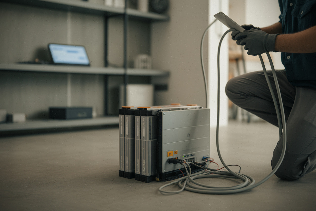 Technicien installant une batterie de stockage solaire domestique moderne