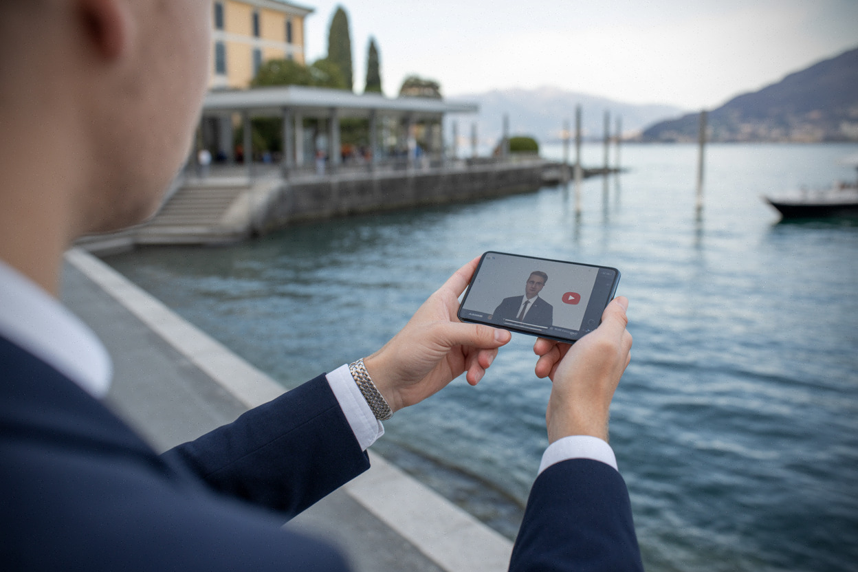 Vérification d’une vidéo sur le lac de Côme depuis une promenade