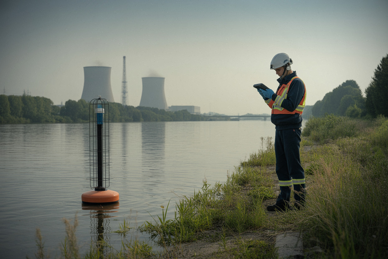 Technicien mesurant la température d’un cours d’eau près d’une centrale nucléaire