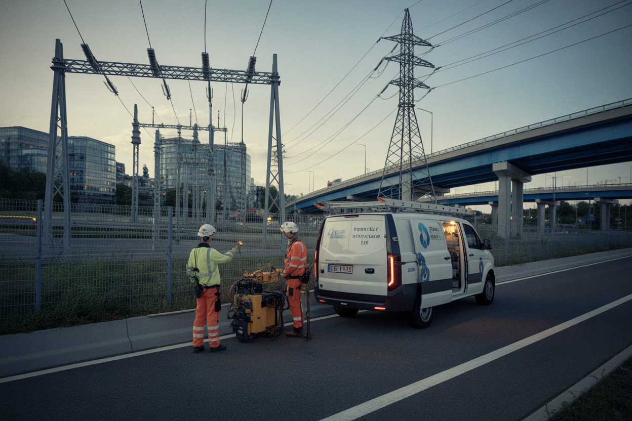 Interconnexion électrique européenne surveillée par des techniciens pendant l’éclipse