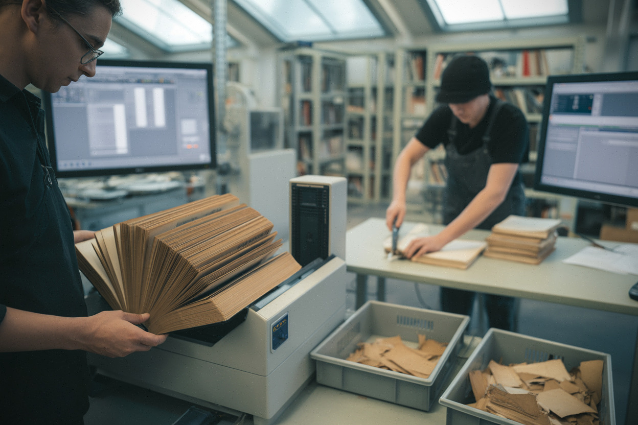 Atelier moderne numérisant des livres démontés pour constituer des données IA
