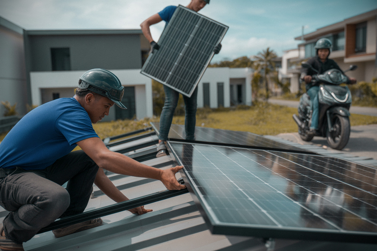 Installation de panneaux solaires sur un toit résidentiel à Cavite
